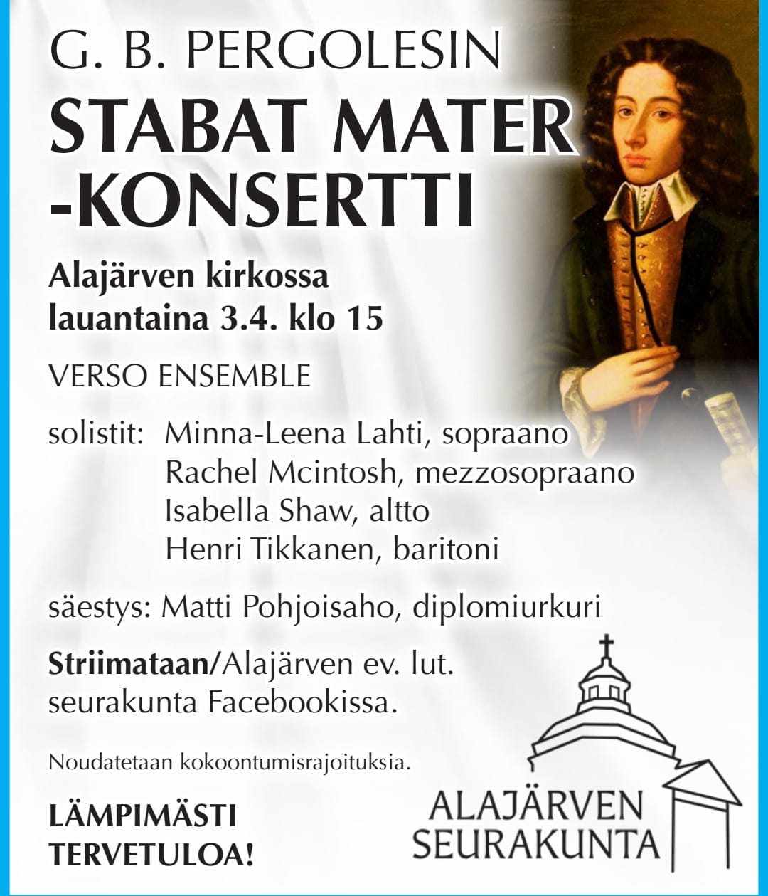 G. B. Pergolesin Stabat Mater -konsertti Striimattuna Alajärven kirkosta konserttimainos